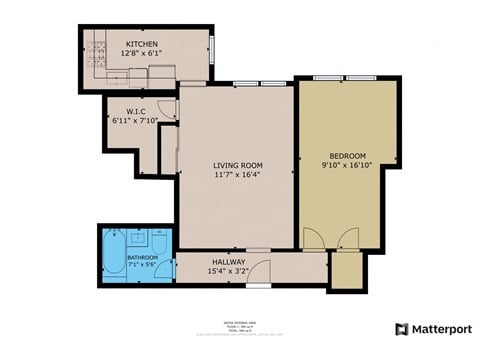 Floor plan for 1 bed, 1 bath, 600 sqft